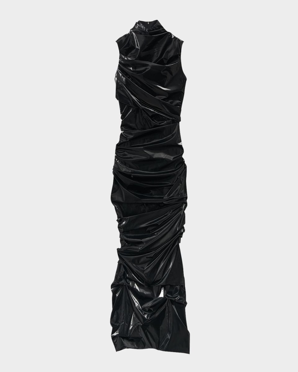 High-Neck Laminated Jersey Wrap Dress
