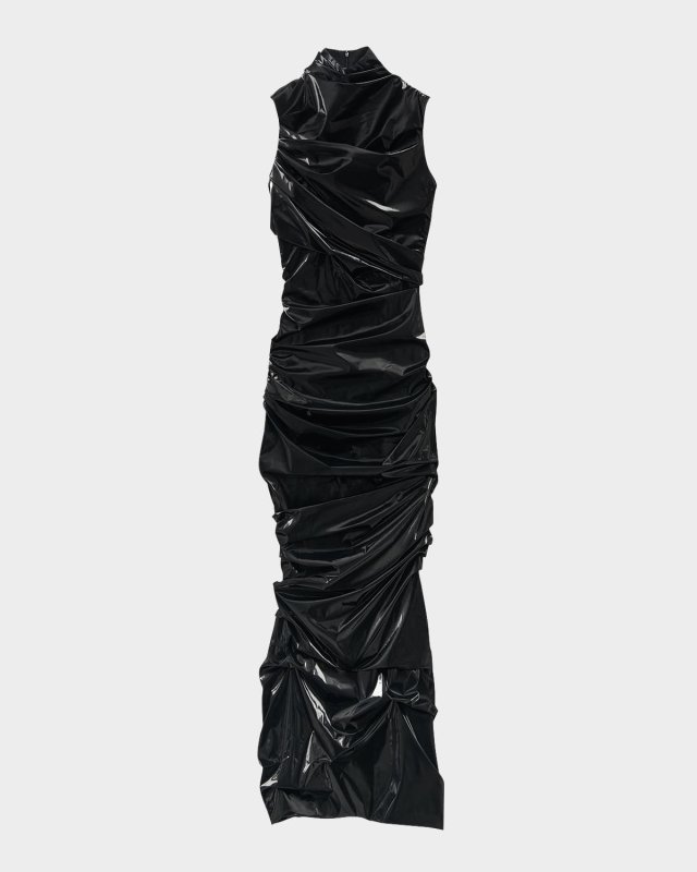 High-Neck Laminated Jersey Wrap Dress