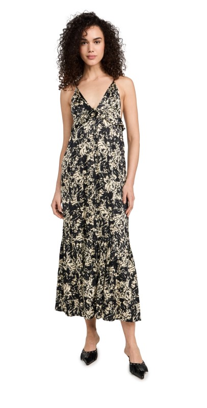 GANNI Printed Satin Strap Dress Flan