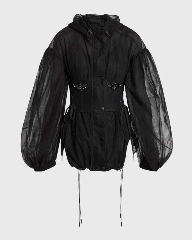 Puff-Sleeve Parka Jacket with Embellished Corset Bodice