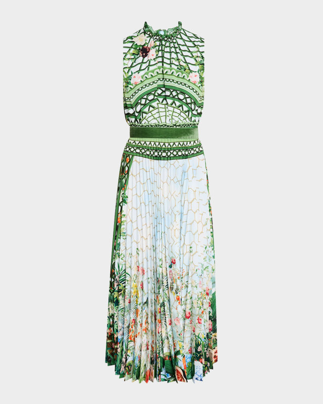 Hollie Garden-Print Sleeveless Pleated Midi Dress
