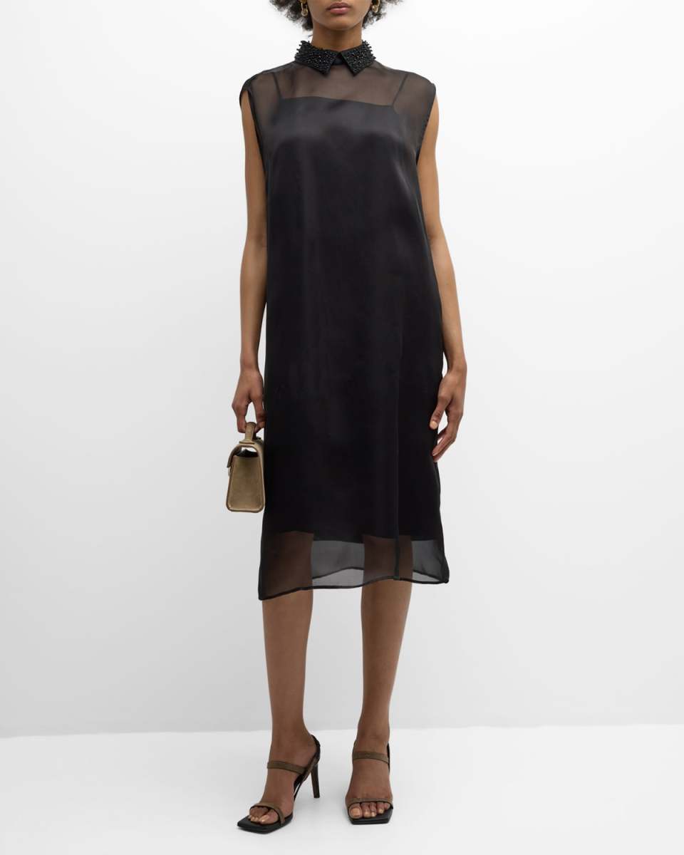 Sleeveless Bead-Embellished Organza Midi Dress