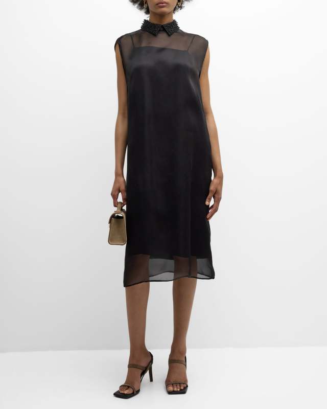 Sleeveless Bead-Embellished Organza Midi Dress