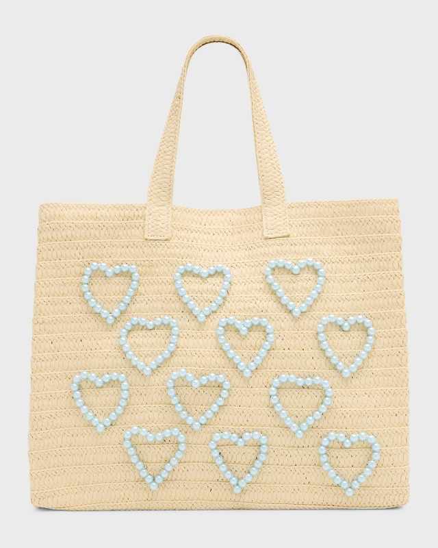 Pearly Heart Straw Tote Bag