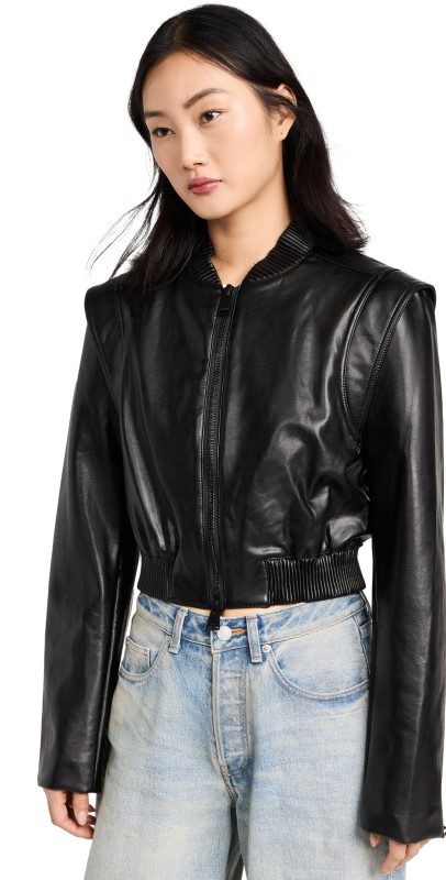 SIMKHAI Doreen Luxe Vegan Leather Boxy Bomber Jacket Black