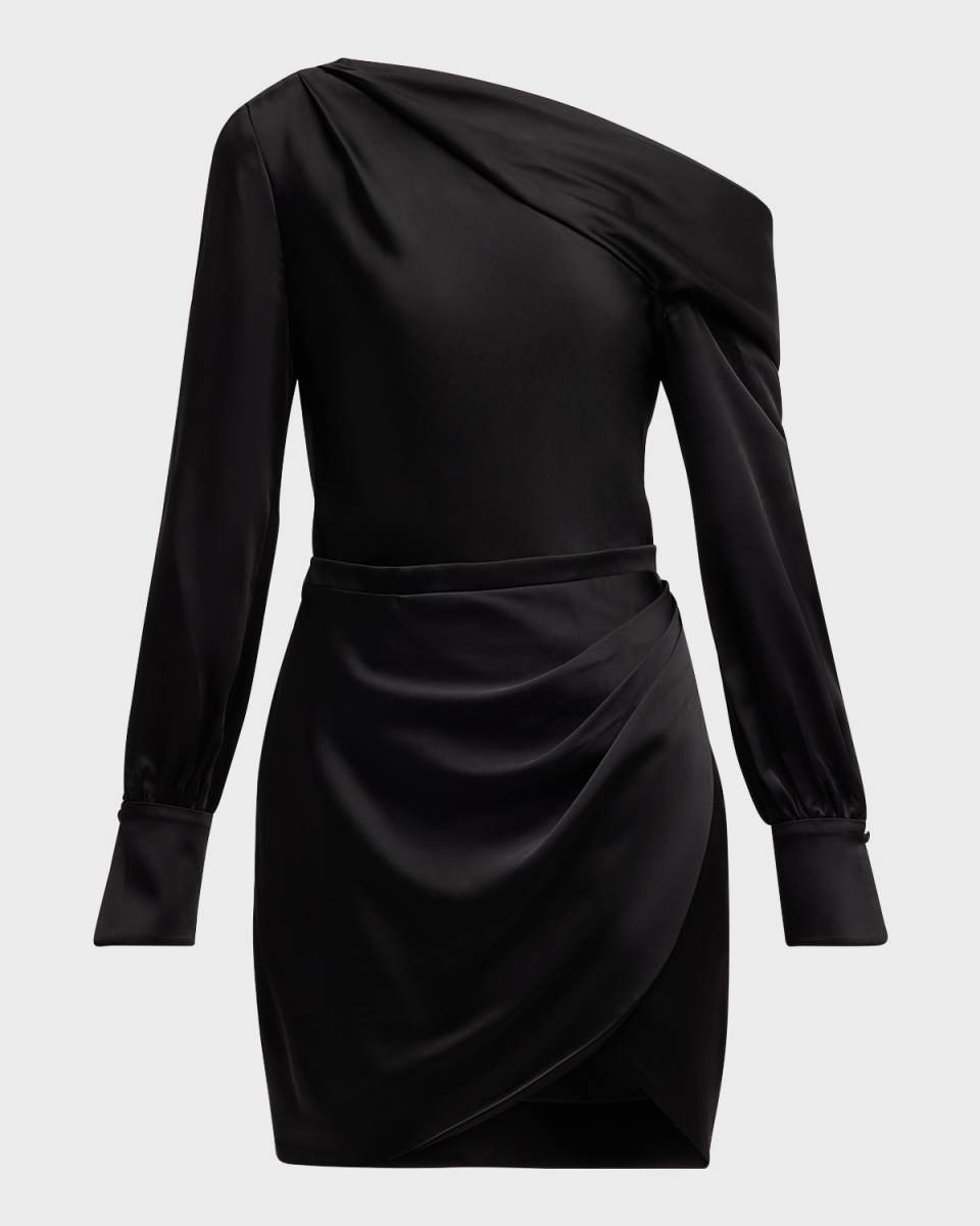 Cameron One-Shoulder Wrap-Skirt Satin Mini Dress