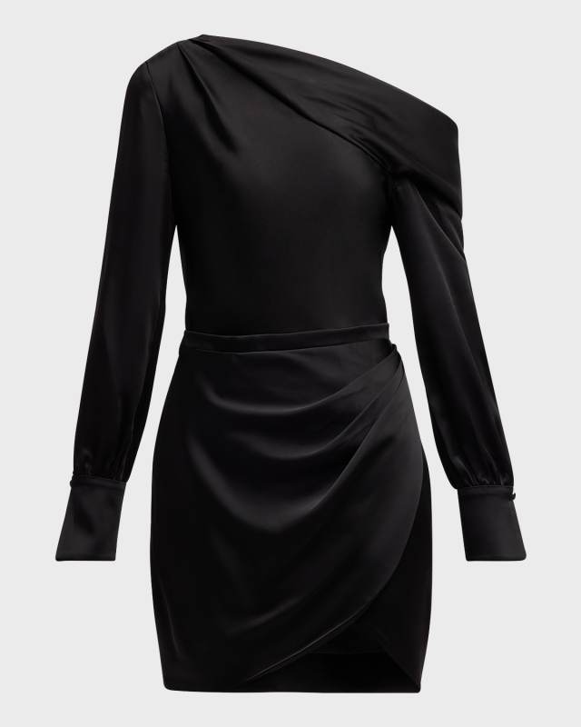 Cameron One-Shoulder Wrap-Skirt Satin Mini Dress