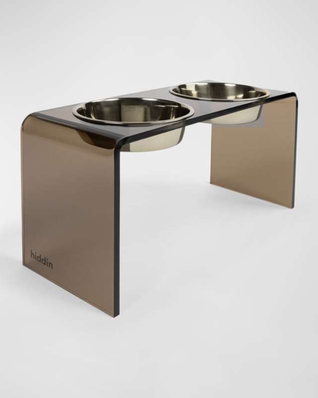 Large Bronze Double Bowl Pet Feeder - 2 Qt Silver Bowls