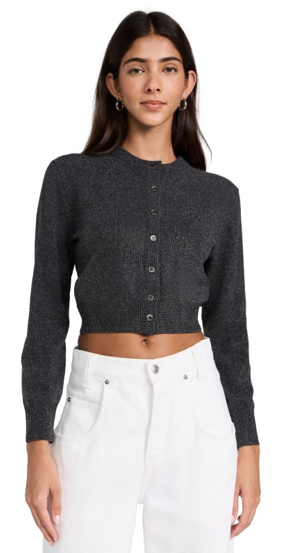 Alexander Wang Clear Crystal Shrunken Crewneck Cardigan Charcoal Melange
