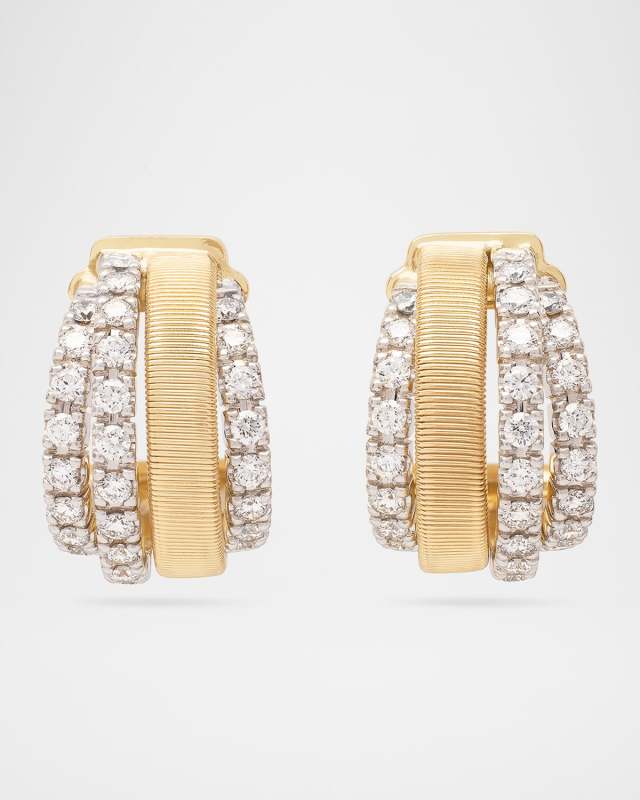 18K Yellow Gold Coil 3 Row Diamond Huggie Earrings