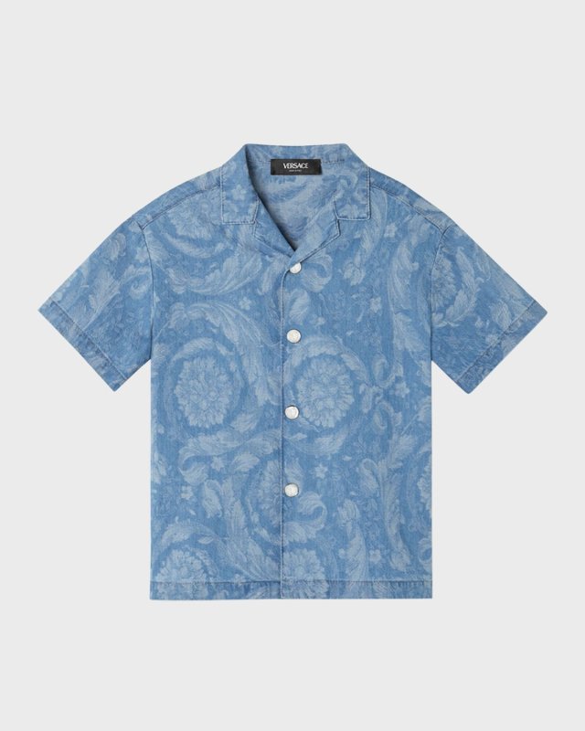 Boy's Chambray Barocco-Print Shirt, Size 4-6