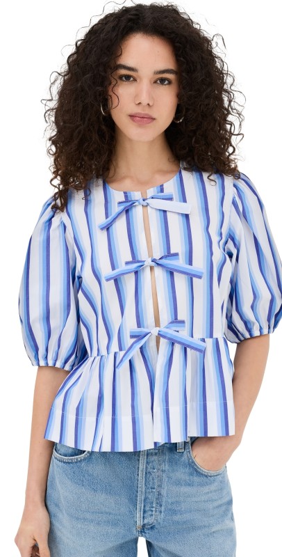GANNI Striped Peplum Tie Blouse Silver Lake Blue