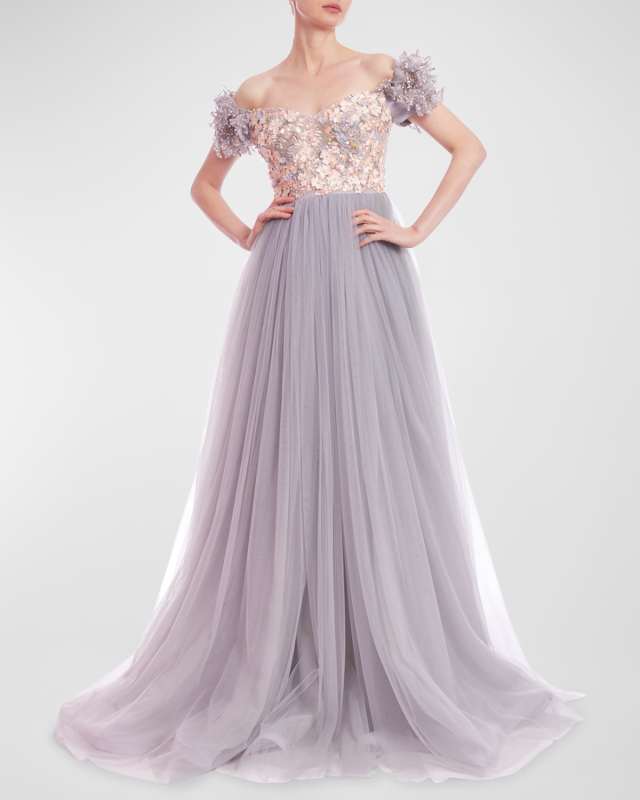 Off-Shoulder Beaded Floral Applique Gown