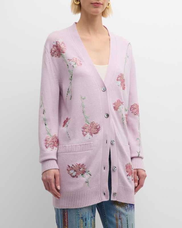 Cecil Lilac Cashmere Cardigan with Pink Carnation Crystal Embellishments