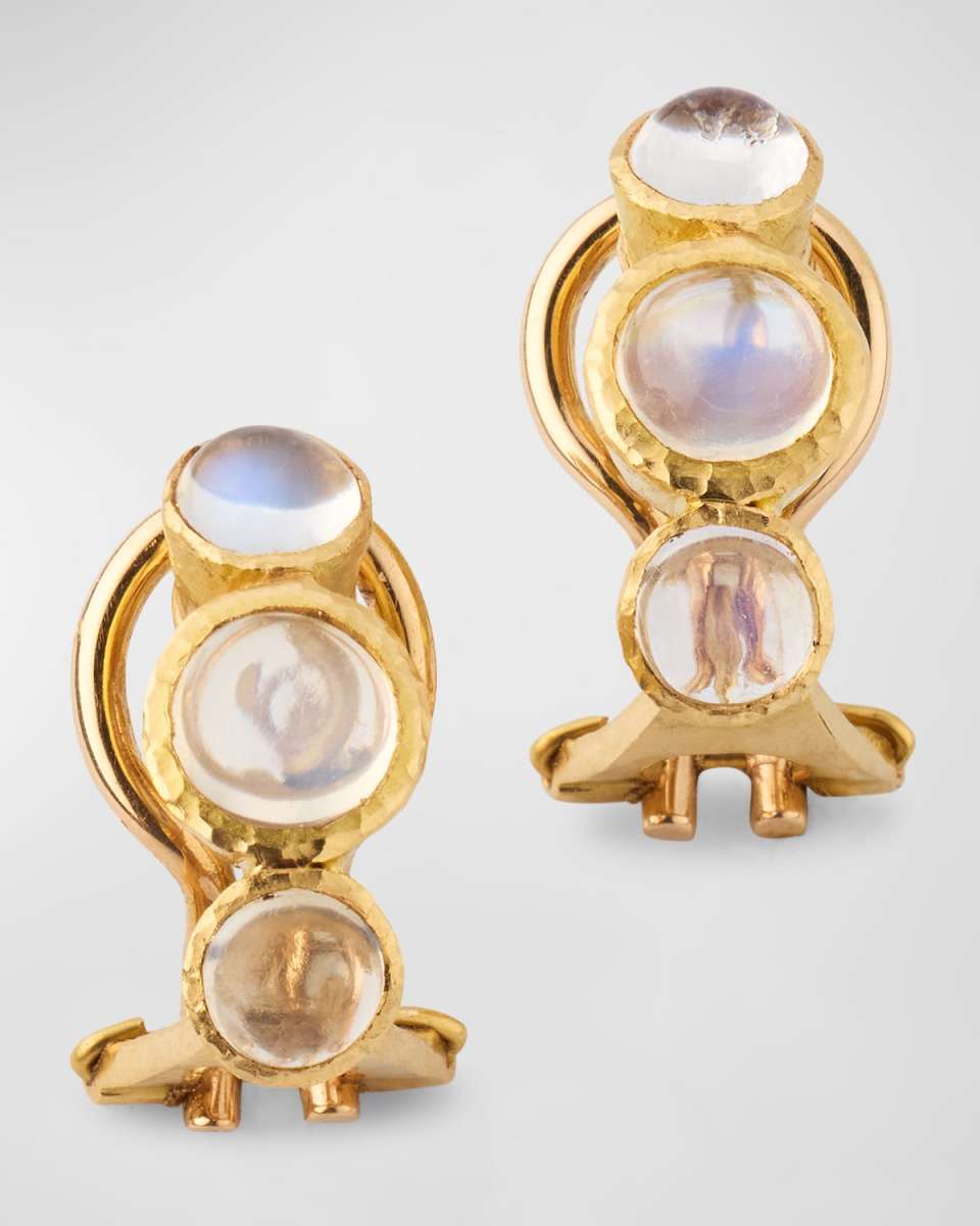 19K Yellow Gold Three Round Cabochon Moonstone Earrings with Fold Down Posts