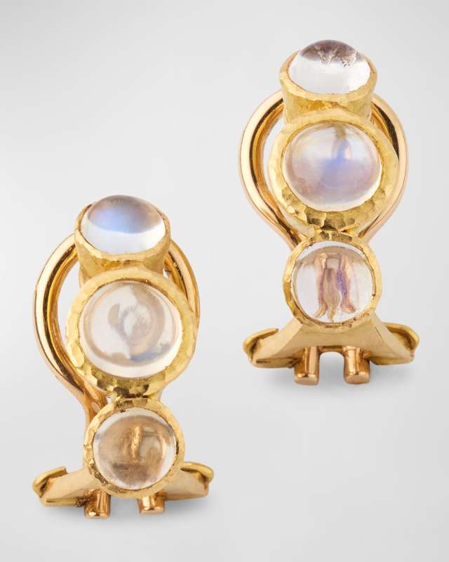 19K Yellow Gold Three Round Cabochon Moonstone Earrings with Fold Down Posts