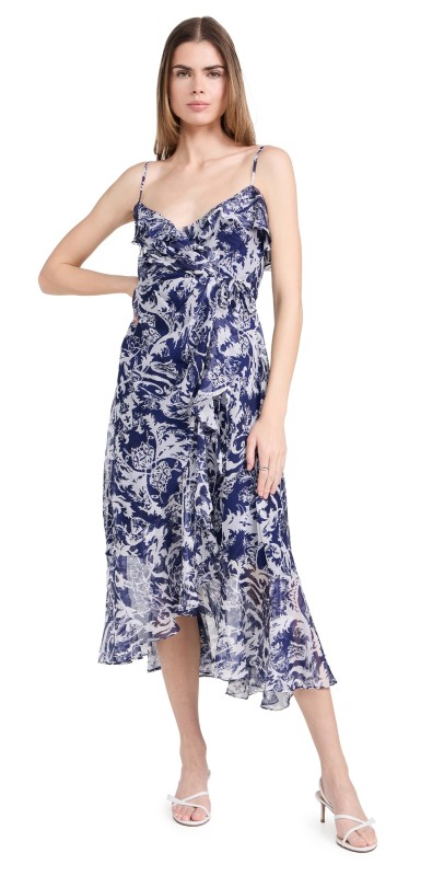 Prabal Gurung Ruffle Hem Wrap Dress Indigo/White