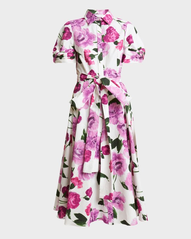 Belted Floral Cotton Short-Sleeve Midi Shirtdress