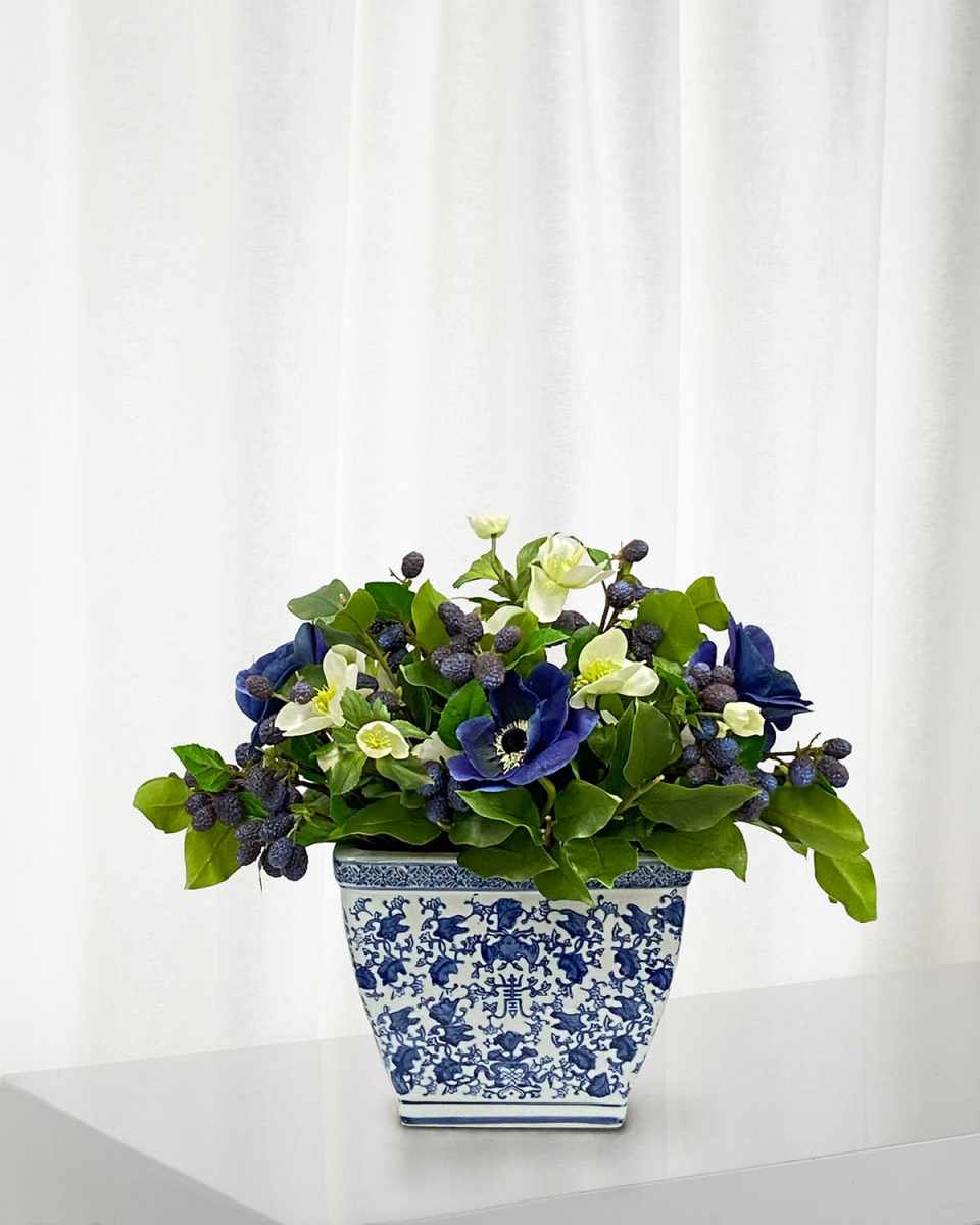 Faux Anemones and Mulberries in Pot