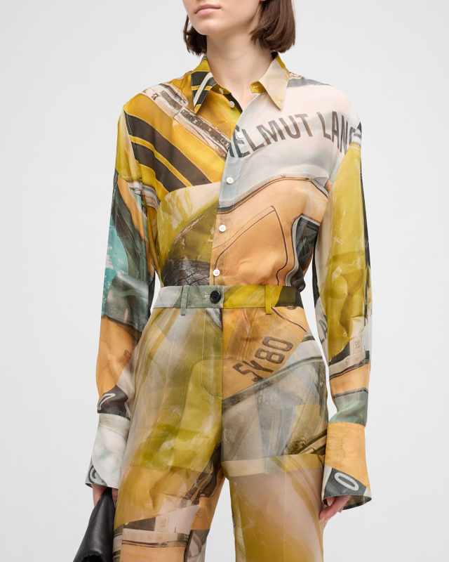 Printed Button-Front Sheer Shirt