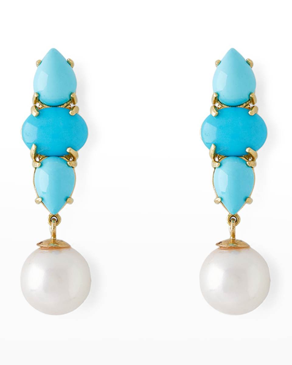 18K Yellow Gold Oval and Pear-Cut Turquoise with 8.5mm Akoya Pearl Drop Earrings
