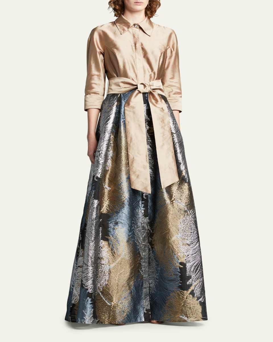 Taffeta Shirtdress w/ Feather Metallic Jacquard