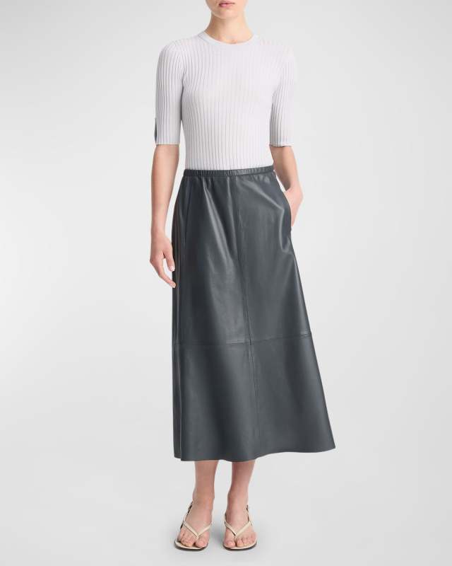 Lambskin Leather Gathered Midi Skirt
