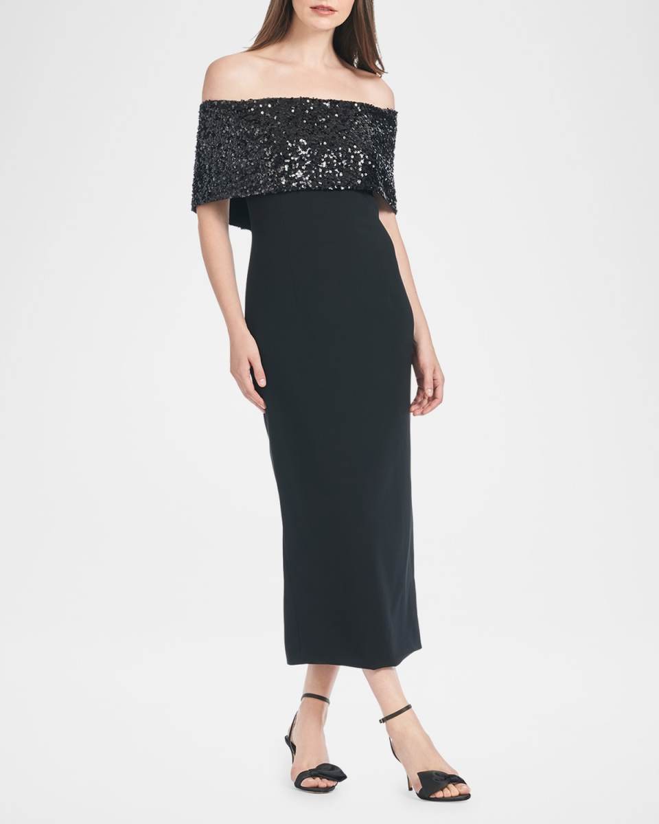 Naira Off-Shoulder Sequin Foldover Midi Dress