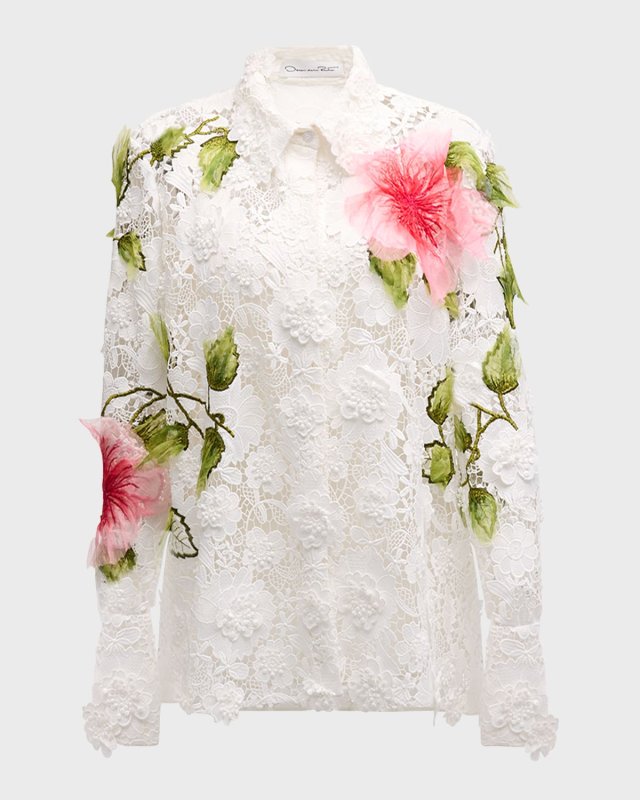 Hibiscus Embroidered Long-Sleeve Floral Guipure Collared Top