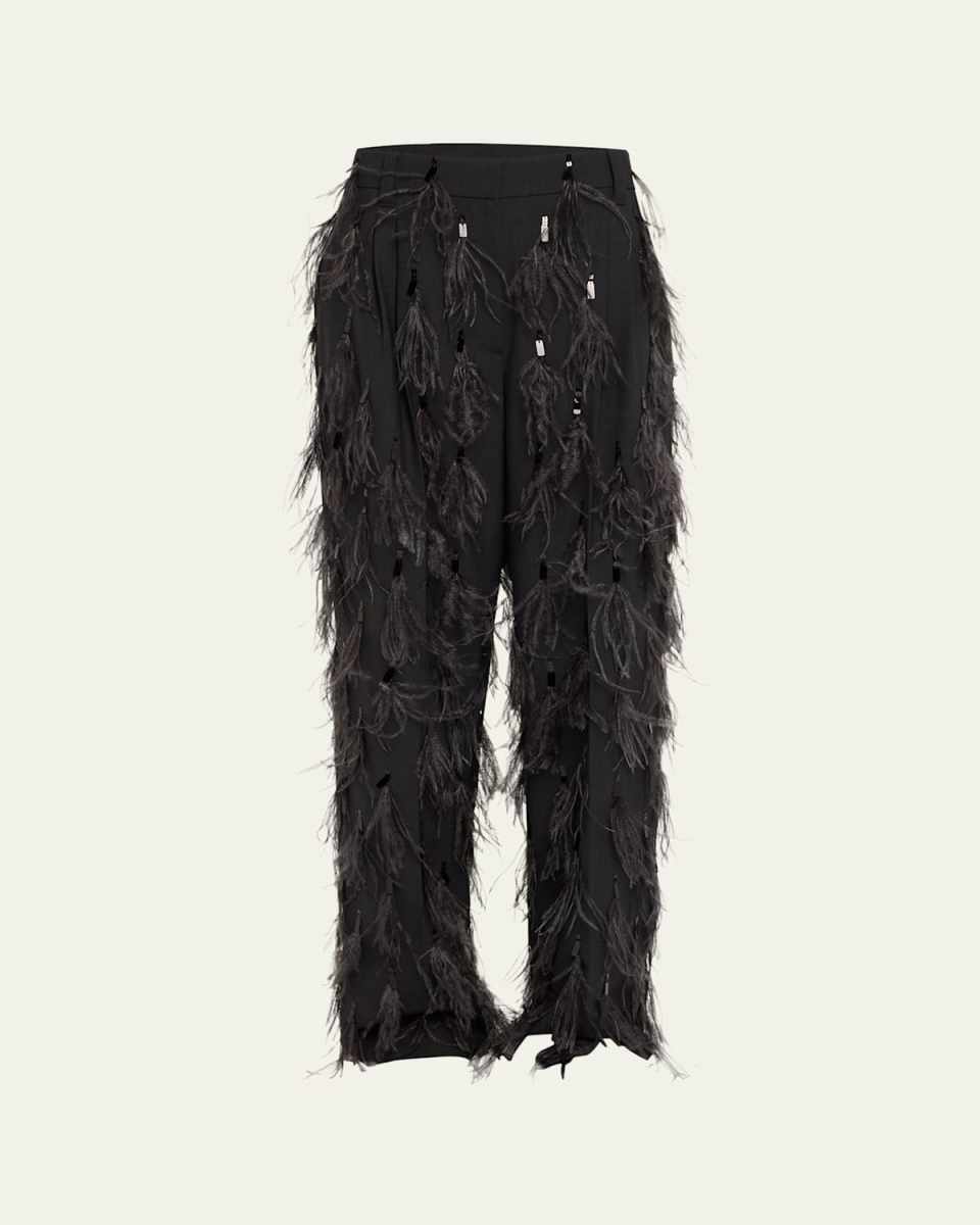 Feather Sequined Wool Pants
