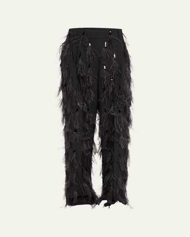 Feather Sequined Wool Pants