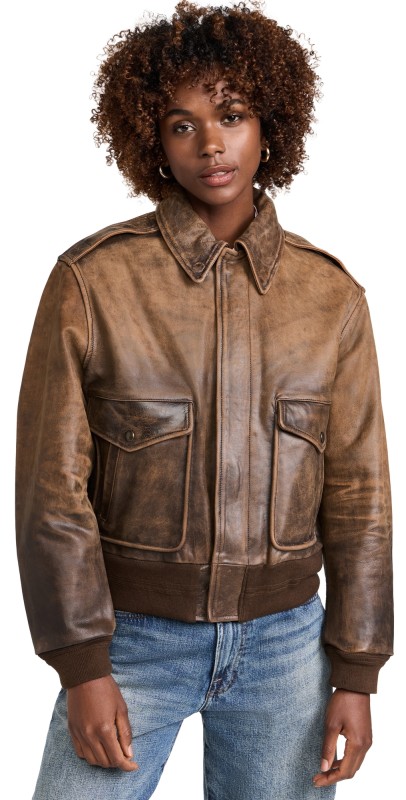 Polo Ralph Lauren Crackled Cowskin Bomber Jacket Autumn Brown