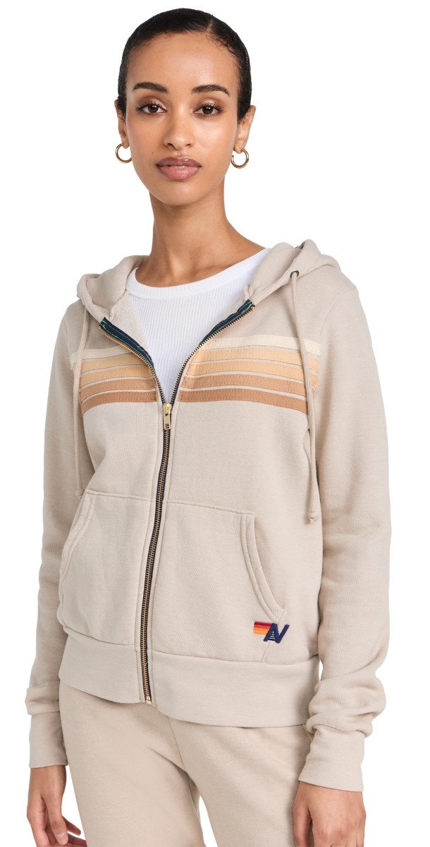 Aviator Nation 5 Stripe Zip Hoodie Sand/Tan