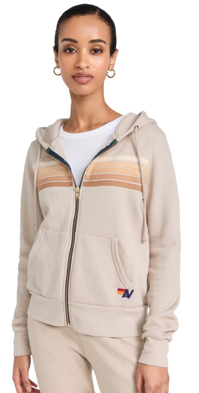 Aviator Nation 5 Stripe Zip Hoodie Sand/Tan