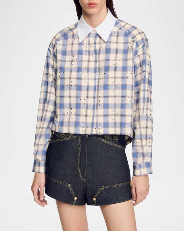 Roussel Embellished Check Cropped Shirt