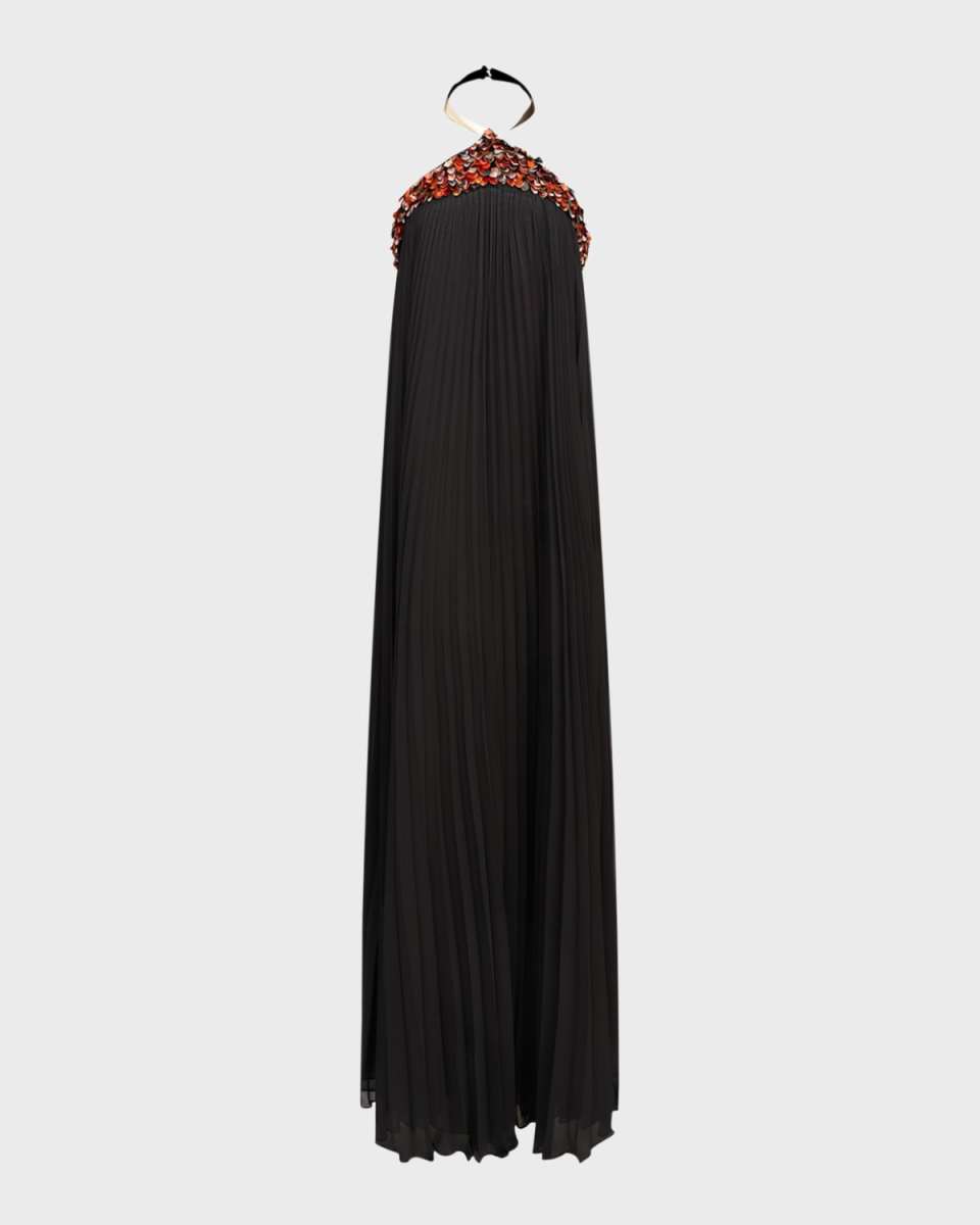 Pythia Pleated Sequin-Embellished Trapeze Gown