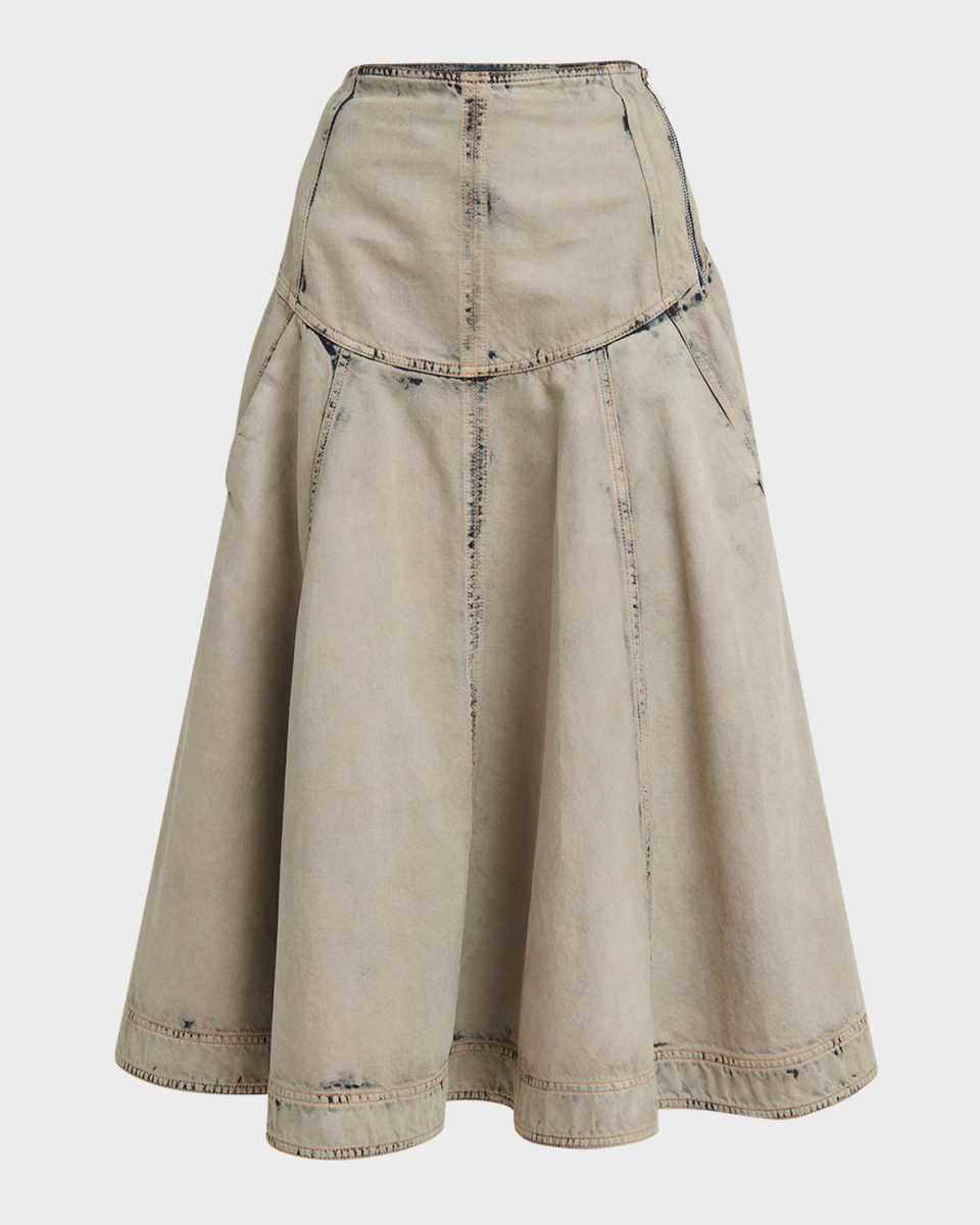 Drop-Waist Acid Wash Denim Midi Skirt