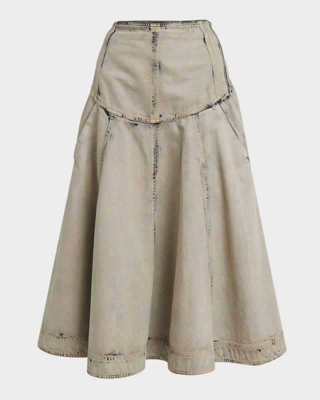Drop-Waist Acid Wash Denim Midi Skirt