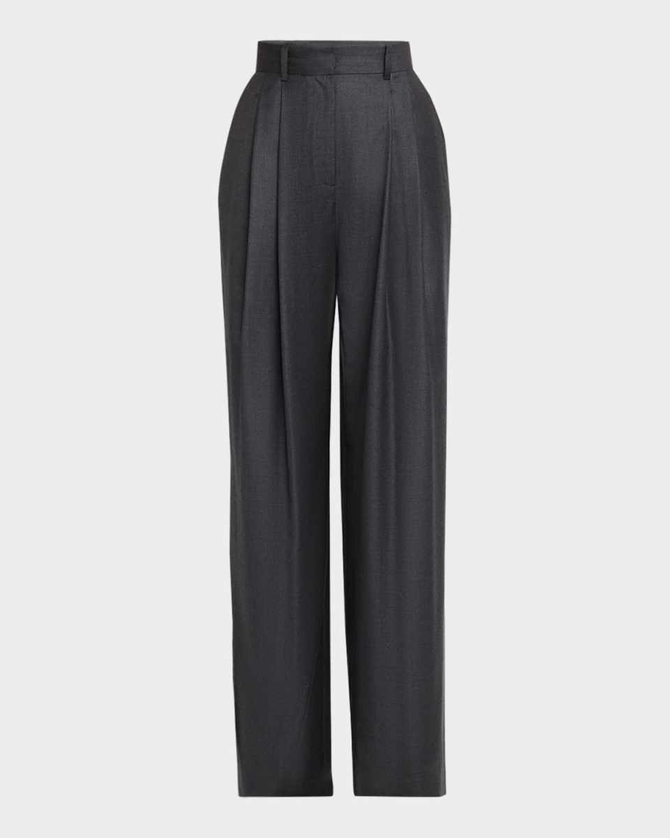 Cecily Double-Pleated Wide-Leg Wool Pants