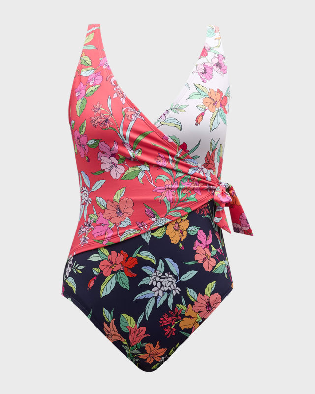 Summer Floral Wrap-Front One-Piece Swimsuit