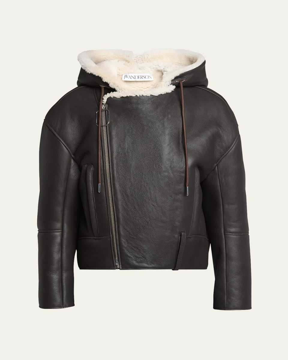 Shearling Hooded Leather Biker Jacket