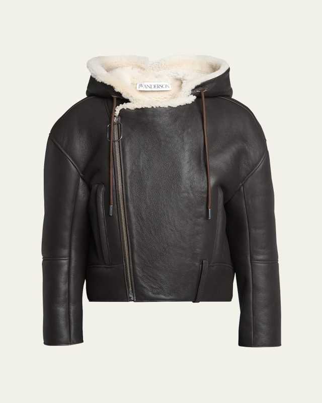 Shearling Hooded Leather Biker Jacket