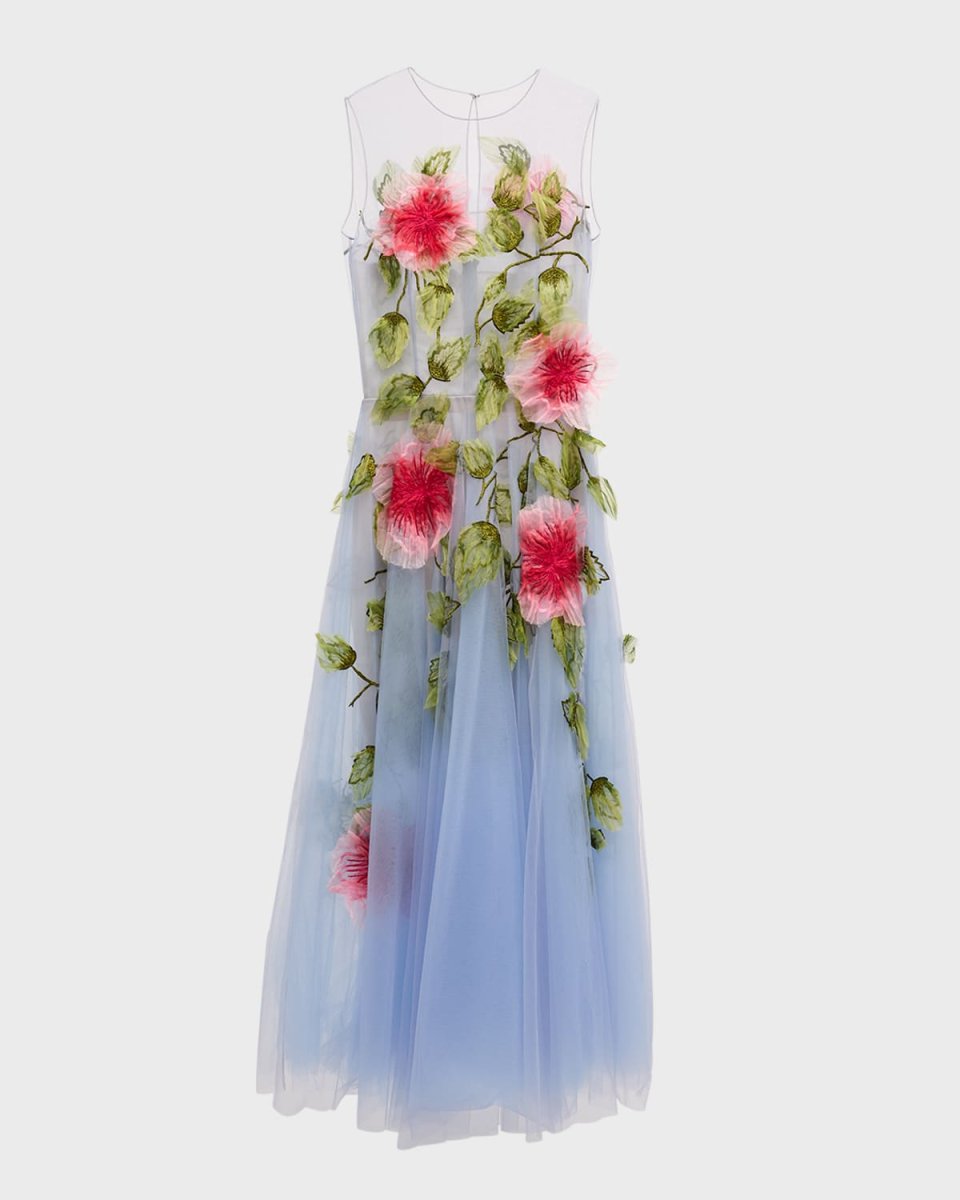Hibiscus Embroidered Organza Sleeveless Gown