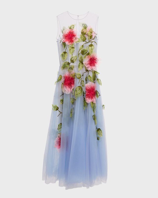 Hibiscus Embroidered Organza Sleeveless Gown