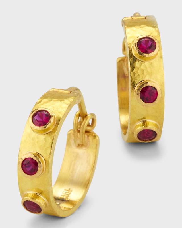 19K Ruby Flat Ribbon Hoop Earrings, 0.5"L