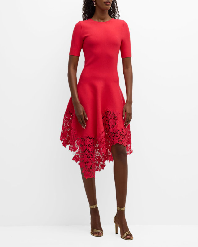 Asymmetric Gardenia Guipure-Hem Short-Sleeve Knit Dress