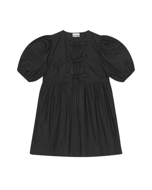 Black Cotton Poplin Tie String Mini Dress