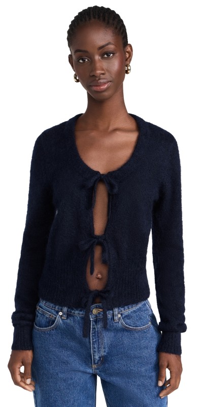 GANNI Light Mohair Tie String Cardigan Sky Captain
