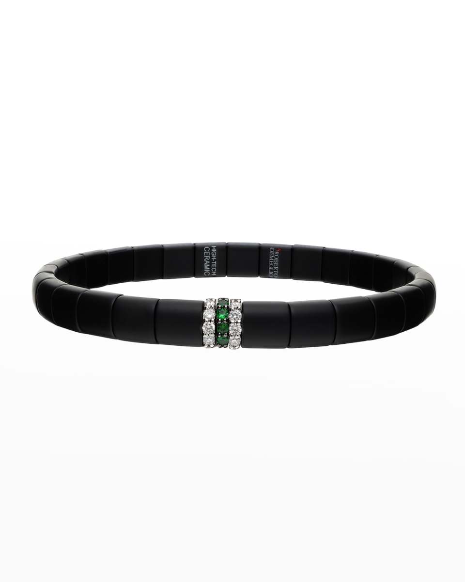 White Gold and Matte Black Ceramic Pura Stretch Bracelet with Diamonds and Tsavorite