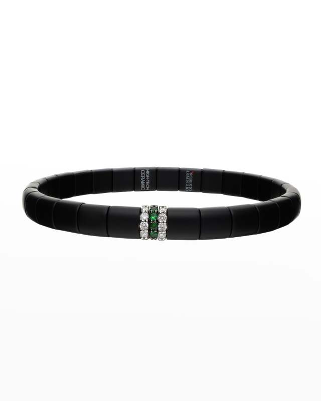 White Gold and Matte Black Ceramic Pura Stretch Bracelet with Diamonds and Tsavorite